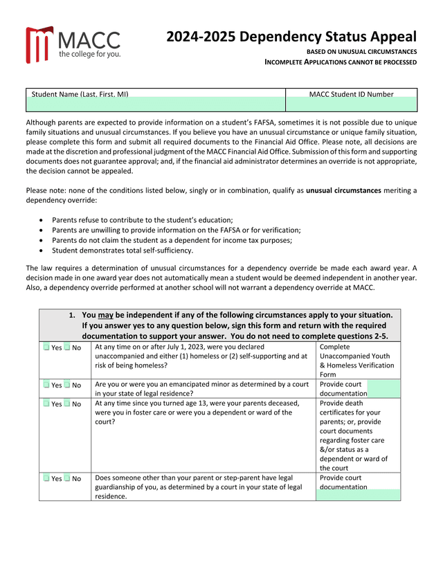 2024 2025 Dependency Status Appeal Based On Unusual Circumstances screenshot