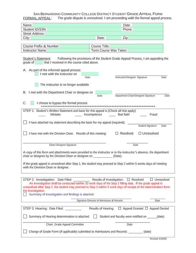 SAN BERNARDINO COMMUNITY COLLEGE DISTRICT STUDENT GRADE APPEAL FORM screenshot