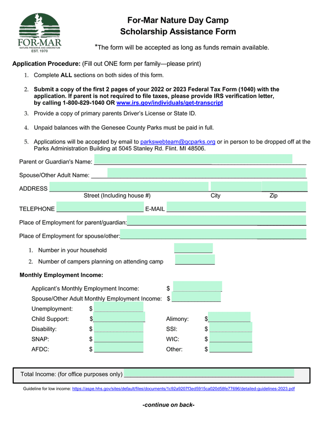 For Mar Nature Day Camp Scholarship Assistance Form screenshot