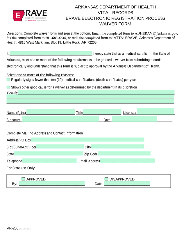 VR 200 ERAVE Electronic Registration Process Waiver Form screenshot