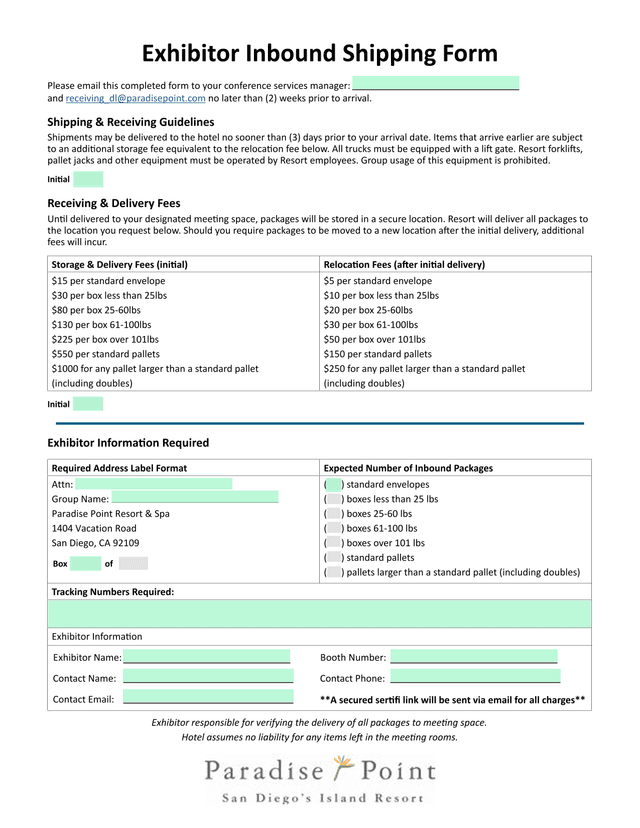Exhibitor Inbound Shipping Form screenshot