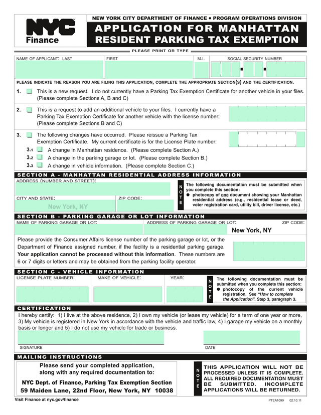 Application For Manhattan Resident Parking Tax Exemption screenshot