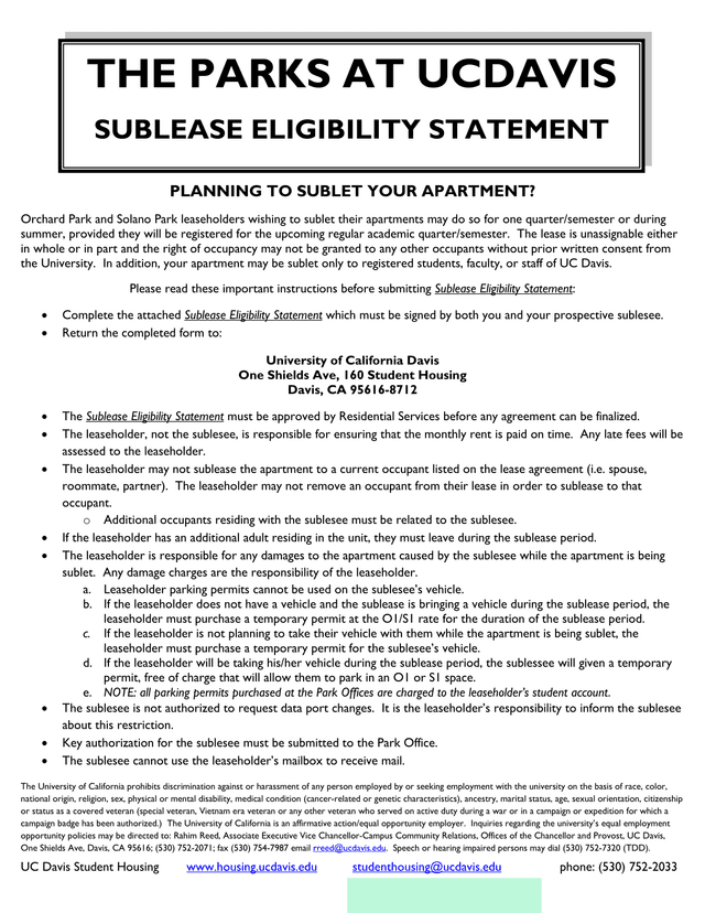 Sublease Eligibility Statement screenshot