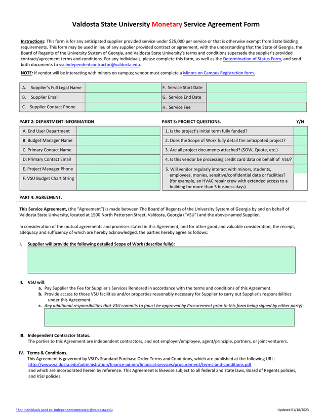 Valdosta State University Monetary Service Agreement Form screenshot