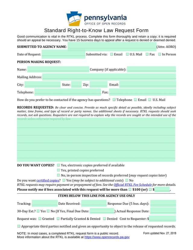 Standard Right To Know Law Request Form screenshot