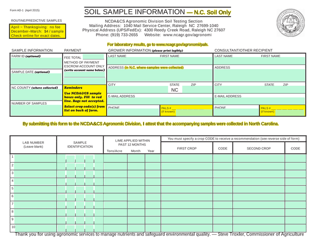 NCDACS Agronomic Division Soil Sample Information Form screenshot