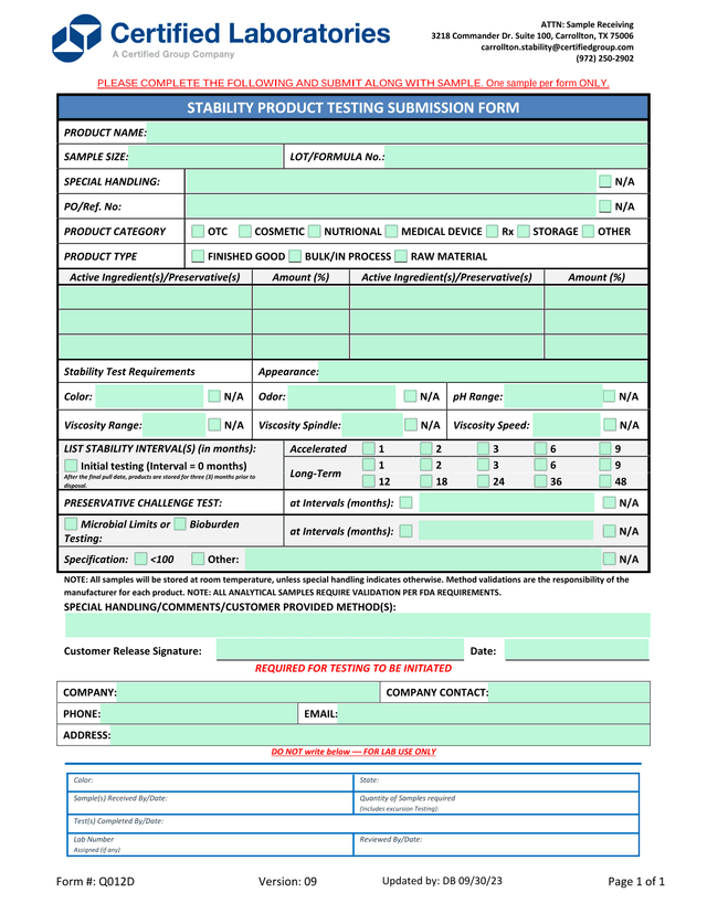 STABILITY PRODUCT TESTING SUBMISSION FORM screenshot