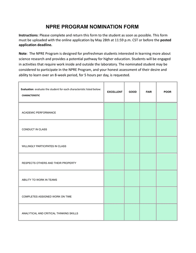 NPRE PROGRAM NOMINATION FORM screenshot