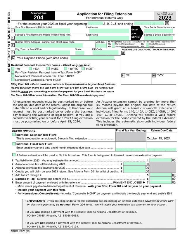 Arizona Form 204   Extension Of Time To File An Individual Income Tax Return screenshot