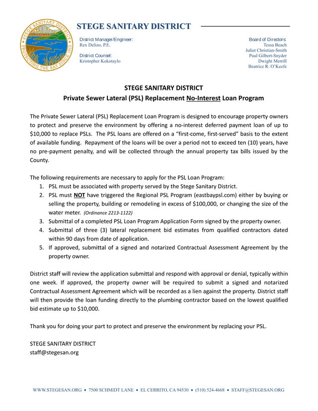 Private Sewer Lateral (PSL) Replacement No Interest Loan Program screenshot