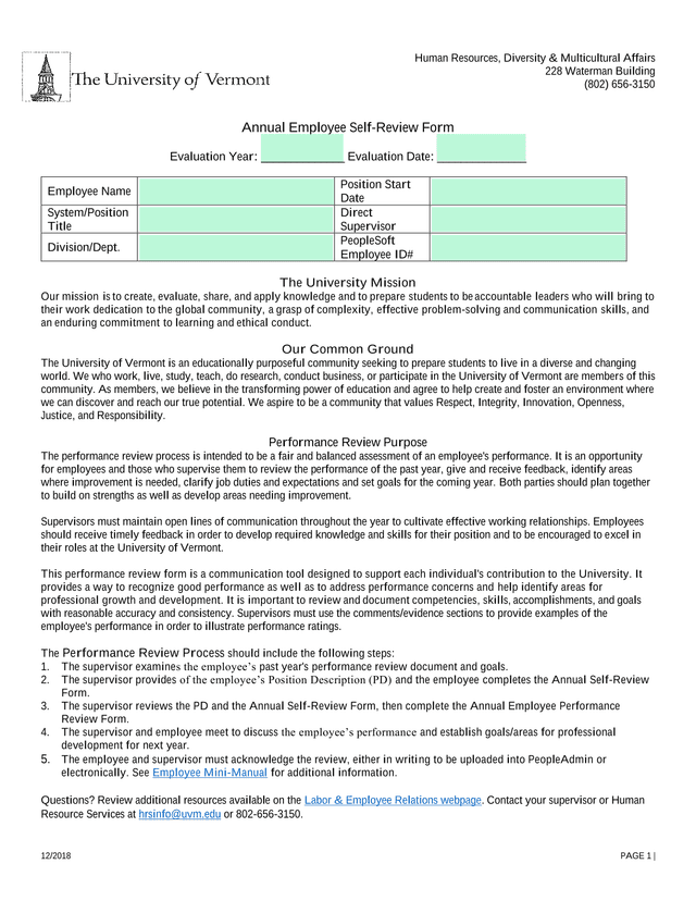 Annual Employee Self Review Form screenshot