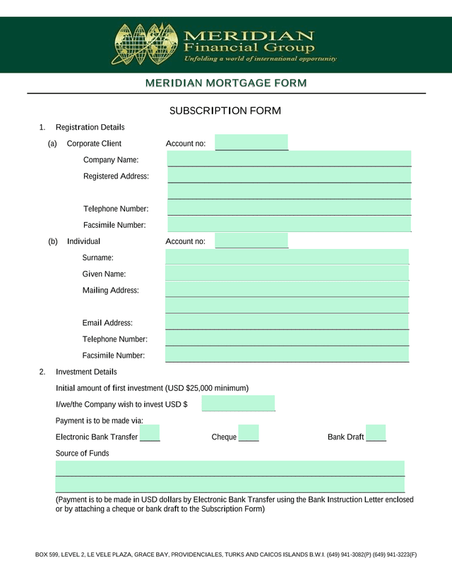 Meridian Mortgage Subscription Form screenshot