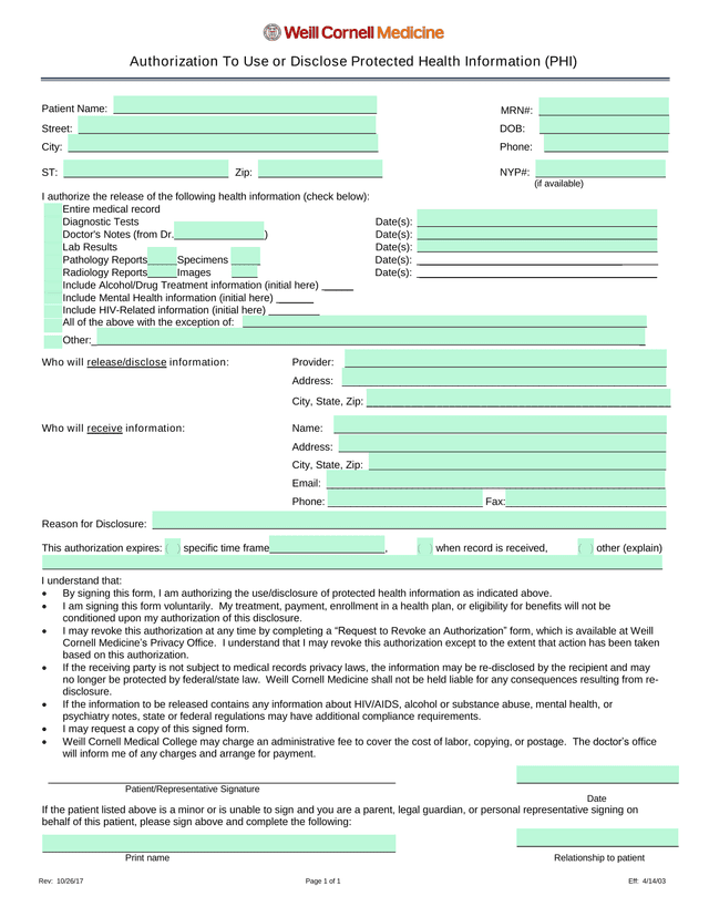 Authorization To Use Or Disclose Protected Health Information (PHI) screenshot
