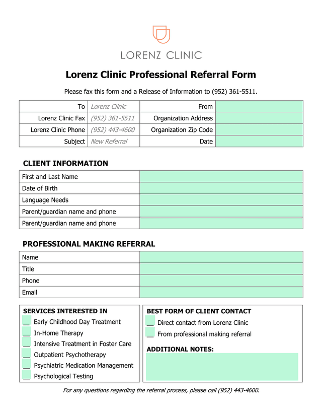 Lorenz Clinic Professional Referral Form screenshot