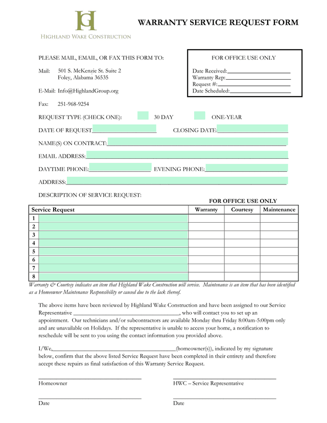 WARRANTY SERVICE REQUEST FORM screenshot