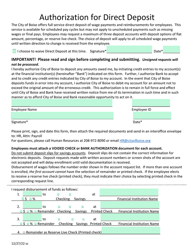 Authorization For Direct Deposit screenshot