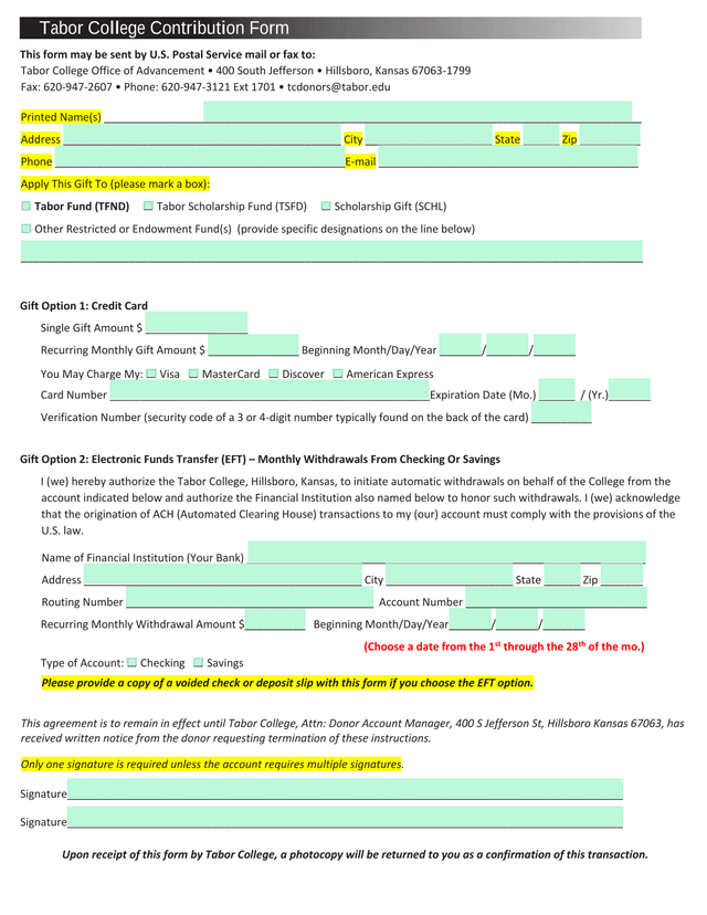 Tabor College Contribution Form screenshot
