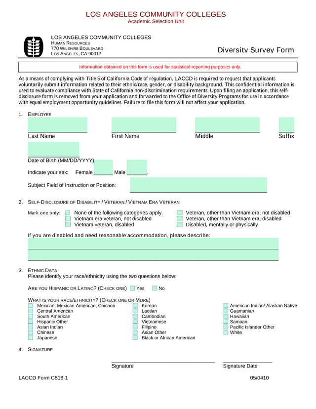 Diversity Survey Form screenshot