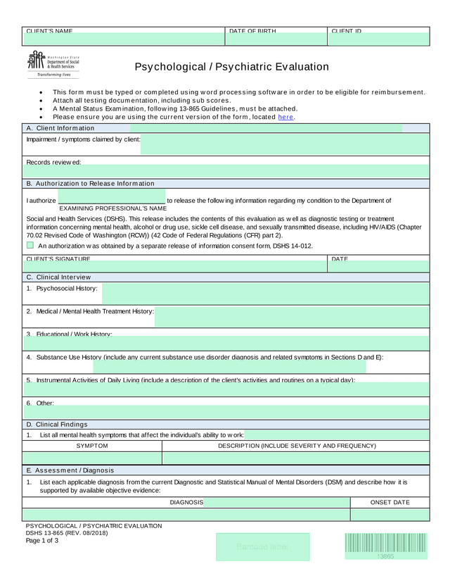 Psychological  Psychiatric Evaluation DSHS 13 865 screenshot