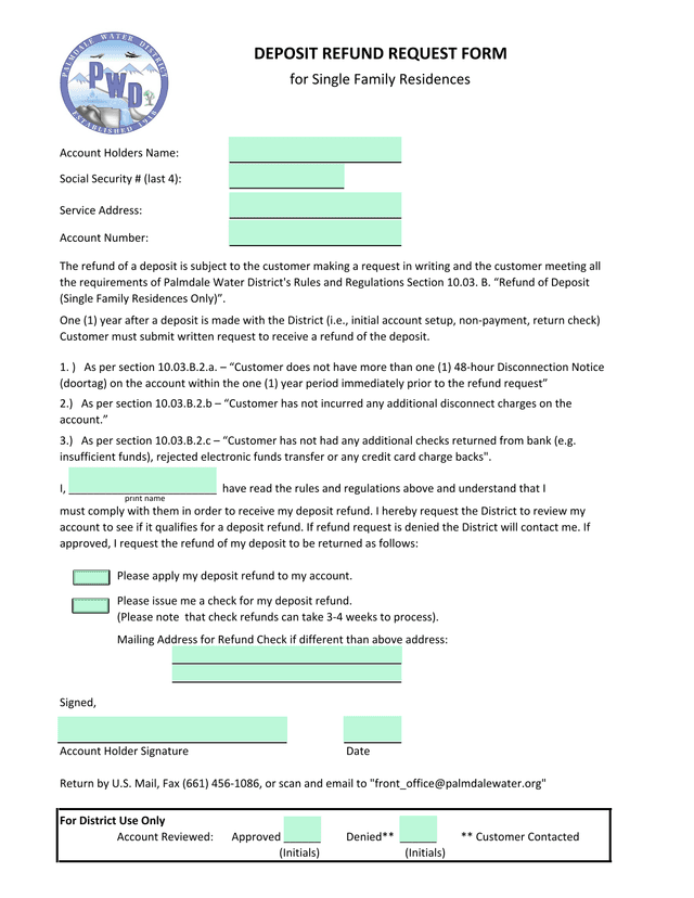 DEPOSIT REFUND REQUEST FORM For Single Family Residences screenshot
