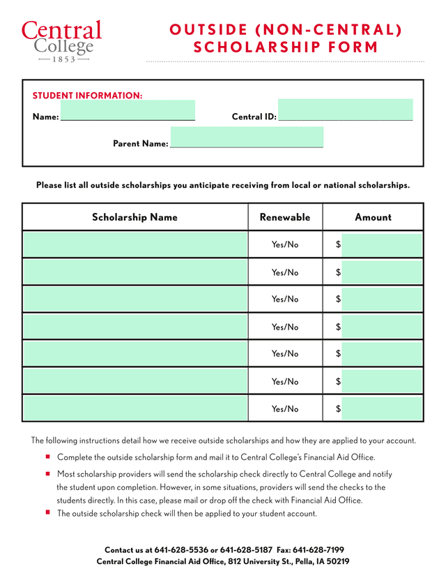 Outside (Non Central) Scholarship Form screenshot