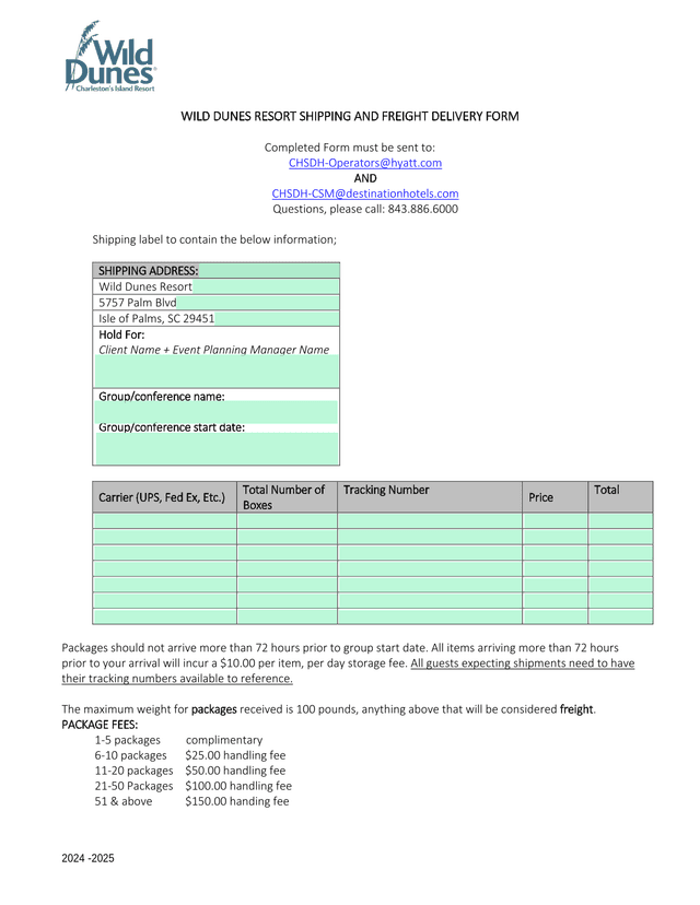 Wild Dunes Resort Shipping And Freight Delivery Form screenshot
