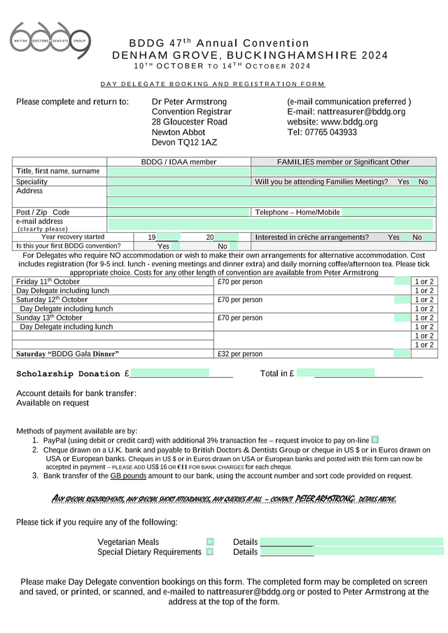 BDDG 47th Annual Convention Day Delegate Booking And Registration Form screenshot