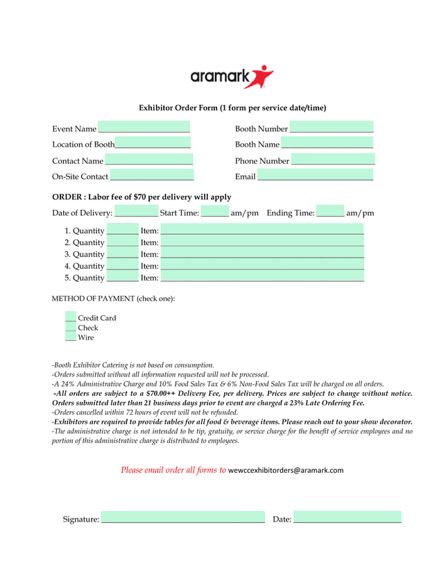 Exhibitor Order Form screenshot