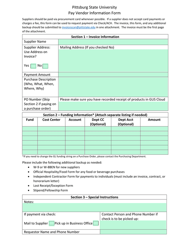 Pay Vendor Information Form screenshot