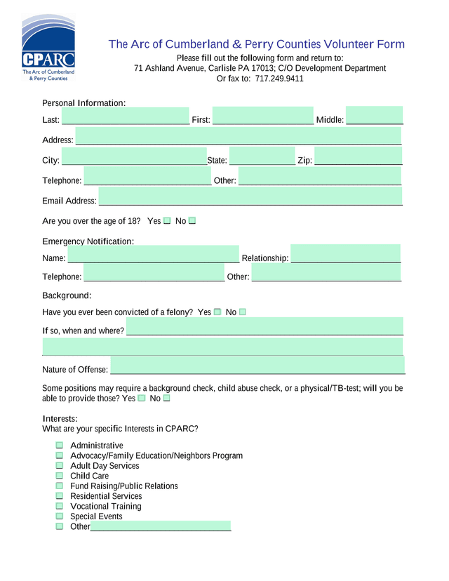 The Arc Of Cumberland  Perry Counties Volunteer Form screenshot