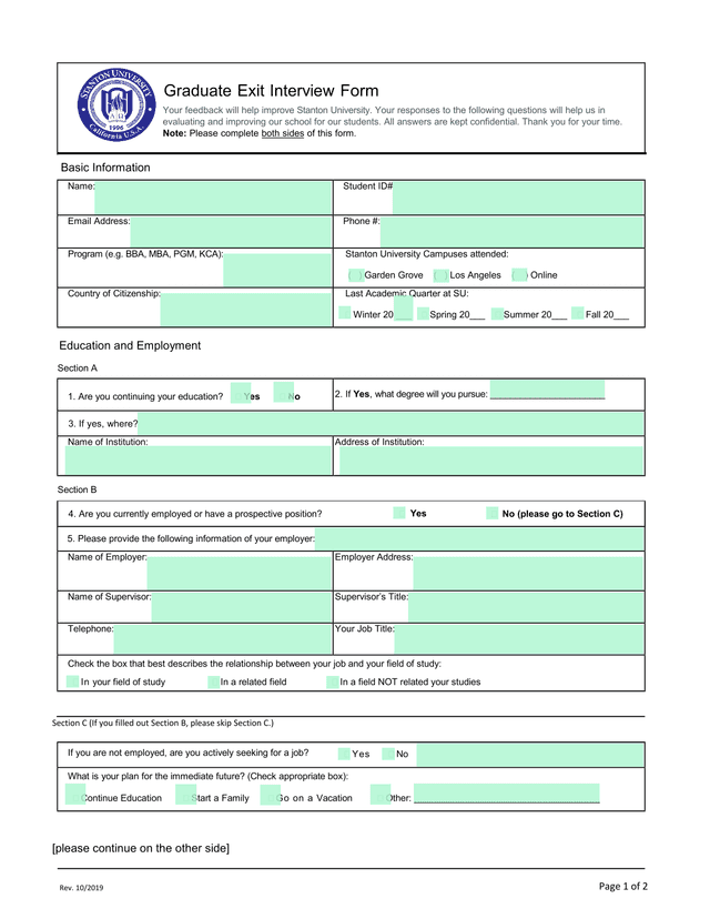 Graduate Exit Interview Form screenshot