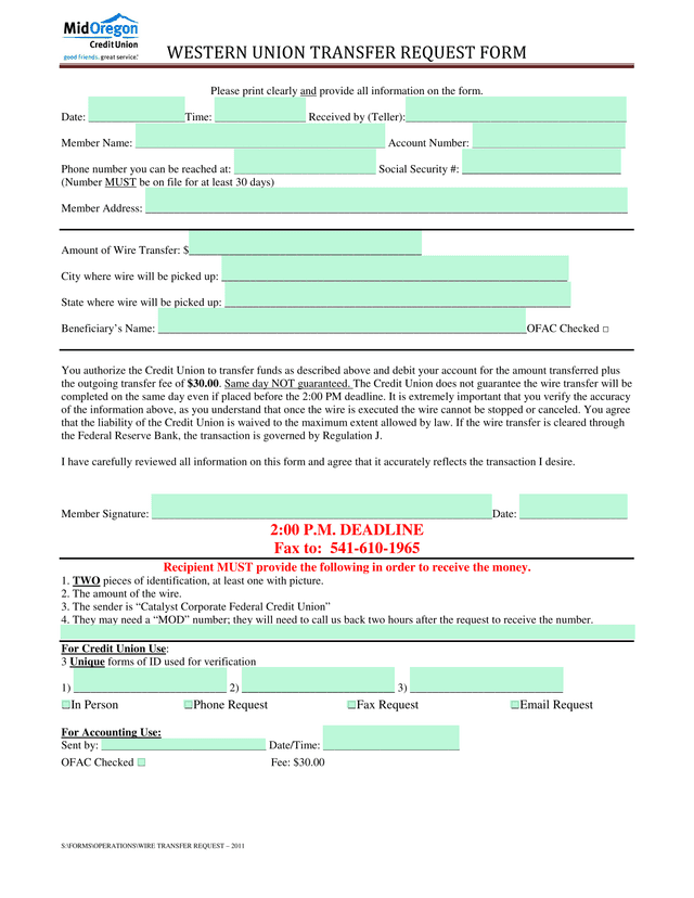 Western Union Transfer Request Form screenshot