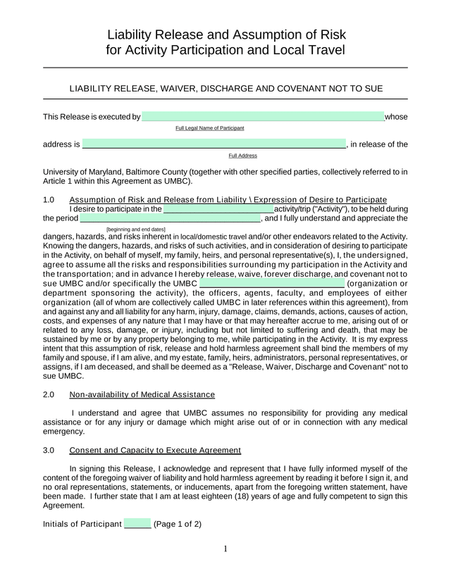 Liability Release And Assumption Of Risk For Activity Participation And Local Travel screenshot