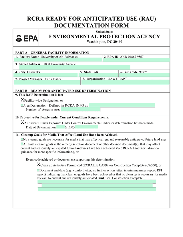 RCRA Ready For Anticipated Use (RAU) Documentation Form screenshot