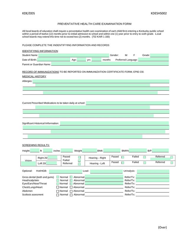 PREVENTATIVE HEALTH CARE EXAMINATION FORM screenshot
