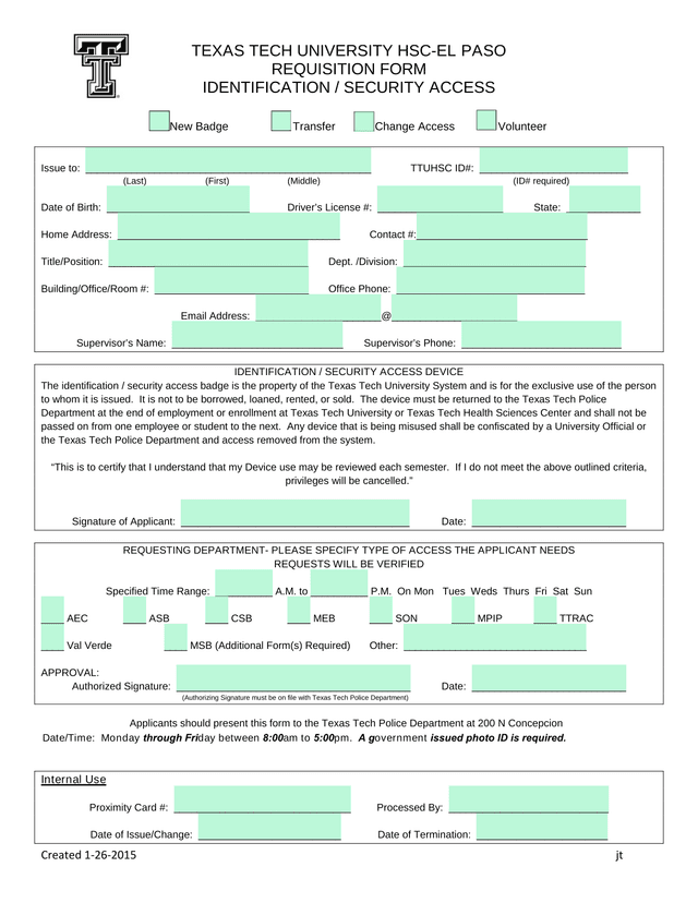 Texas Tech University HSC El Paso Requisition Form Identification  Security Access screenshot