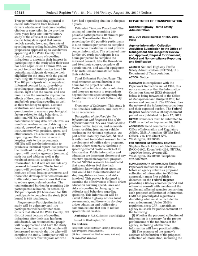 NHTSA Speeding Study Information Collection Notice screenshot