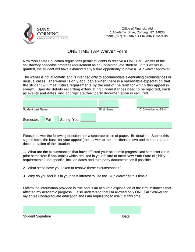 ONE TIME TAP Waiver Form screenshot