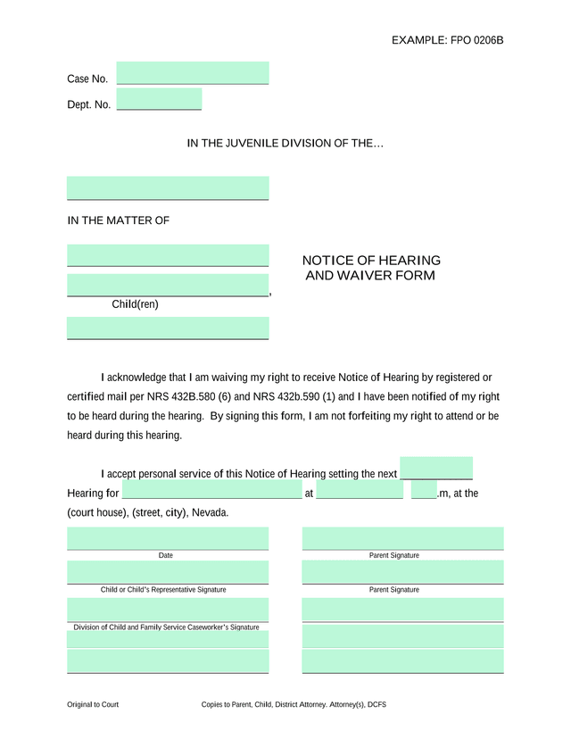 Notice Of Hearing And Waiver Form screenshot