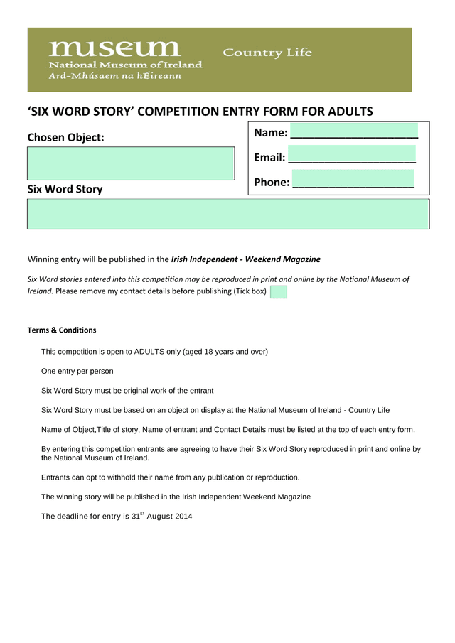 Six Word Story Competition Entry Form For Adults screenshot