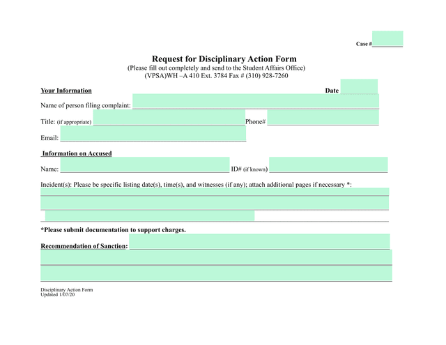 Request For Disciplinary Action Form screenshot