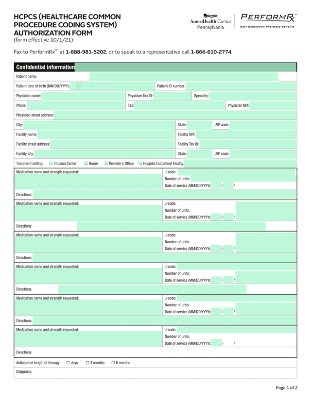 HCPCS Authorization Form screenshot