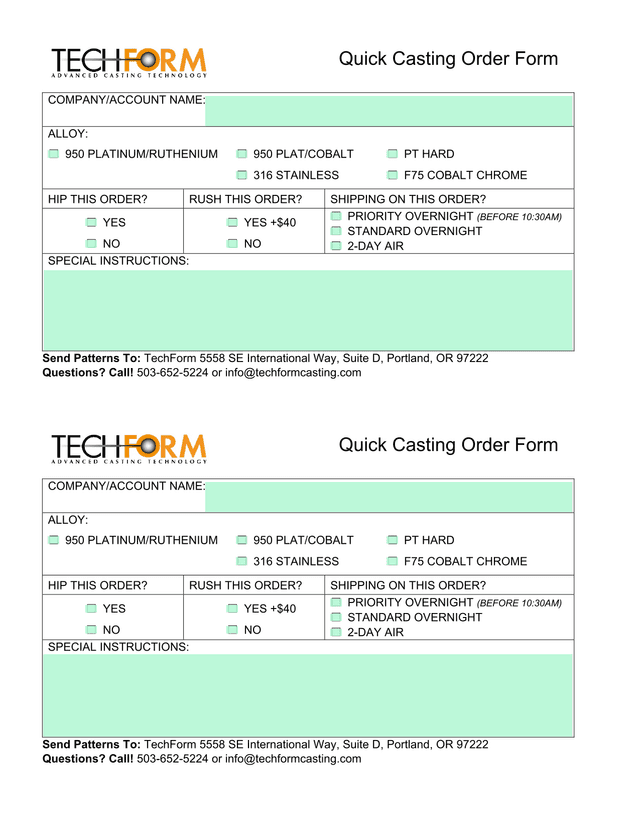 Quick Casting Order Form screenshot