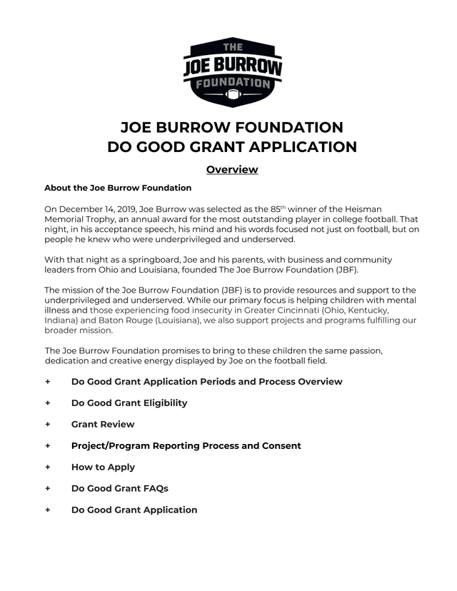 Joe Burrow Foundation Do Good Grant Application screenshot