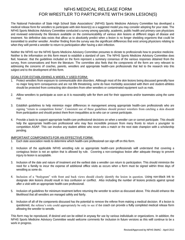 NFHS Medical Release Form For Wrestler To Participate With Skin Lesion(S) screenshot
