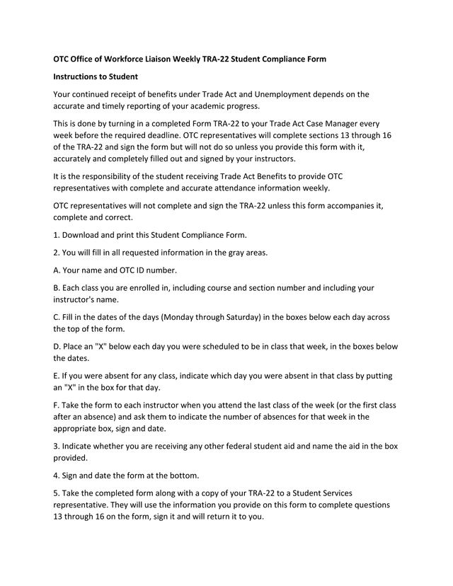 OTC Office Of Workforce Liaison Weekly TRA 22 Student Compliance Form screenshot