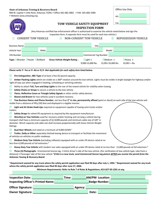 Tow Vehicle Safety Equipment Inspection Form screenshot