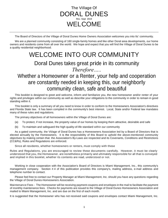 Village Of Doral Dunes Homeowners Association Welcome Booklet screenshot