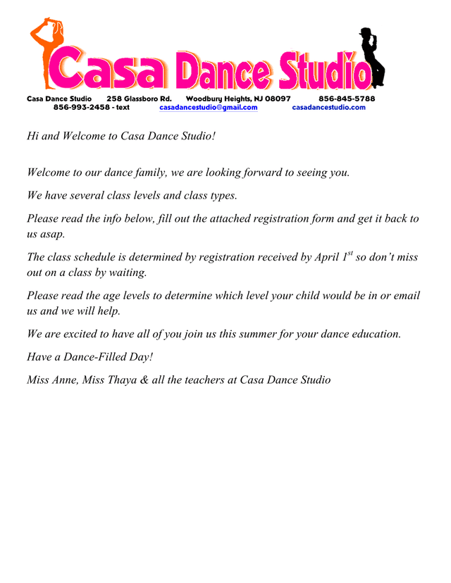 Casa Dance Studio Registration Form screenshot