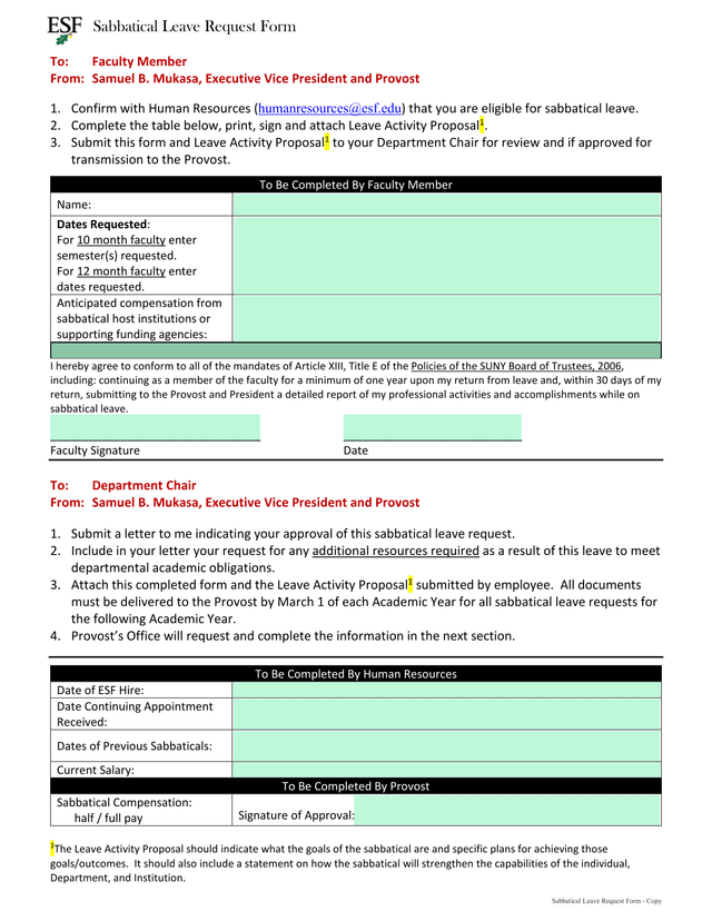 Sabbatical Leave Request Form screenshot